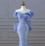 Elegant Dreamy Blue Mermaid Off-The-Shoulder Bow Sequined Tulle Train Prom Dresses Evening Dresses