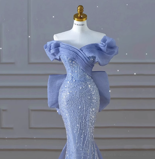Elegant Dreamy Blue Mermaid Off-The-Shoulder Bow Sequined Tulle Train Prom Dresses Evening Dresses