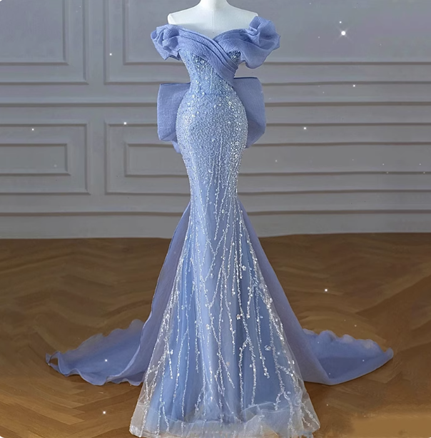 Elegant Dreamy Blue Mermaid Off-The-Shoulder Bow Sequined Tulle Train Prom Dresses Evening Dresses Main image