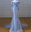 Elegant Dreamy Blue Mermaid Off-The-Shoulder Bow Sequined Tulle Train Prom Dresses Evening Dresses