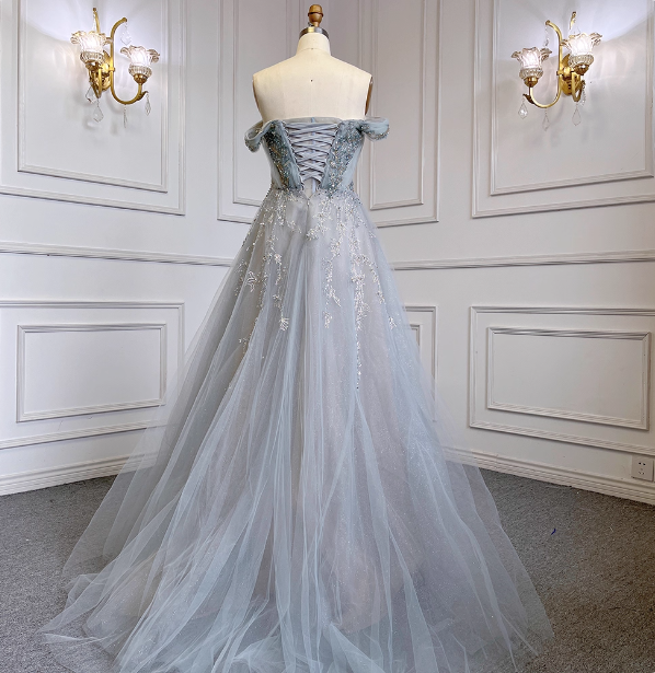 Elegant Dusty Blue A-Line Off-The-Shoulder Beaded Tulle Long Prom Dresses Evening Dresses Secondary image