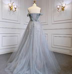 Elegant Dusty Blue A-Line Off-The-Shoulder Beaded Tulle Long Prom Dresses Evening Dresses