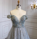 Elegant Dusty Blue A-Line Off-The-Shoulder Beaded Tulle Long Prom Dresses Evening Dresses