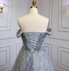 Elegant Dusty Blue A-Line Off-The-Shoulder Beaded Tulle Long Prom Dresses Evening Dresses