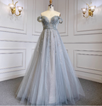 Elegant Dusty Blue A-Line Off-The-Shoulder Beaded Tulle Long Prom Dresses Evening Dresses