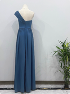 Elegant Dusty Blue One-Shoulder Chiffon Prom Dresses Evening Dresses Bridesmaid Dresses