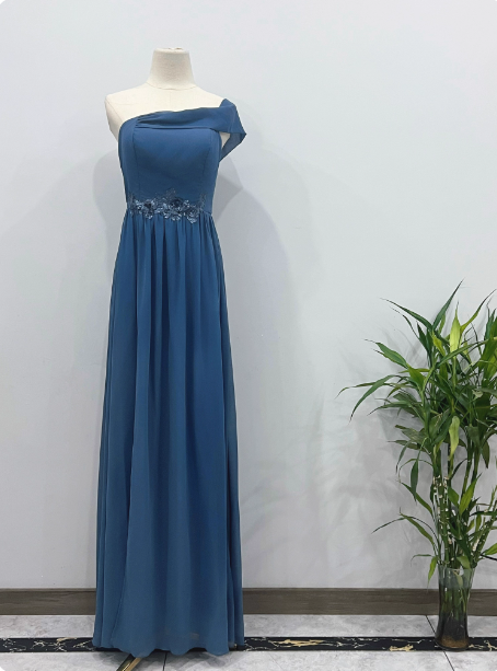 Elegant Dusty Blue One-Shoulder Chiffon Prom Dresses Evening Dresses Bridesmaid Dresses
