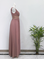 Elegant Dusty Pink A-Line Spaghetti Strap V-Neck Chiffon Long Prom Dresses Evening Dresses