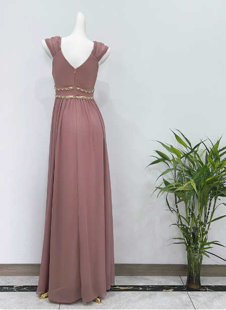 Elegant Dusty Pink A-Line Spaghetti Strap V-Neck Chiffon Long Prom Dresses Evening Dresses