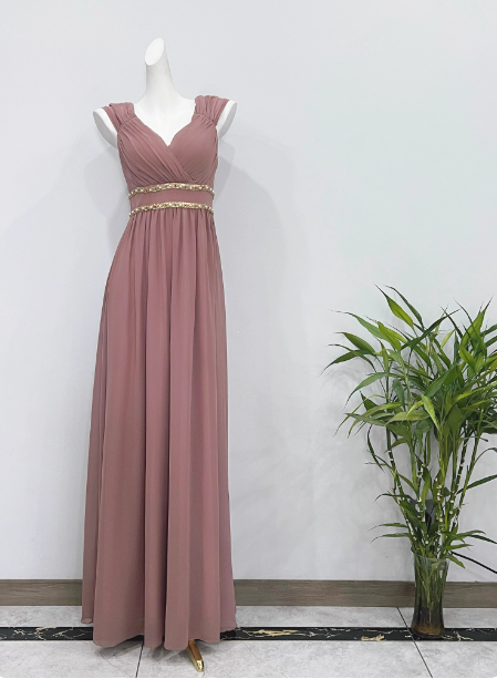 Elegant Dusty Pink A-Line Spaghetti Strap V-Neck Chiffon Long Prom Dresses Evening Dresses