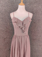 Elegant Dusty Pink Spaghetti Strap Ruffled Chiffon Long Prom Dresses Evening Dresses Bridesmaid Dresses