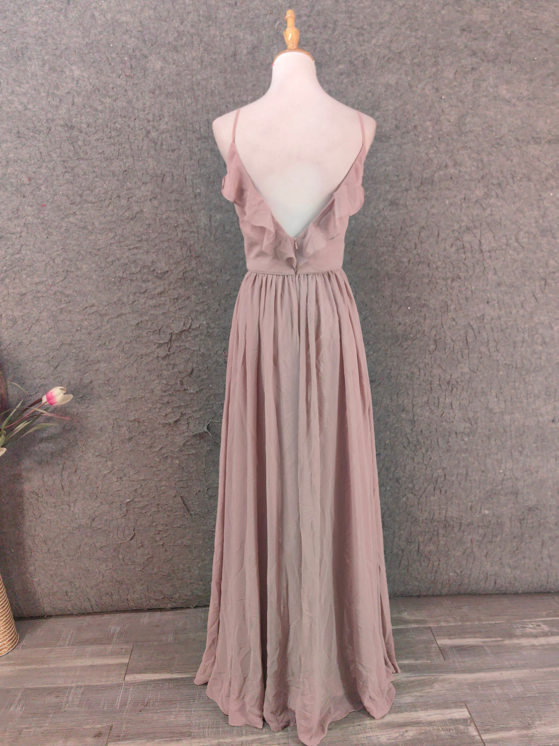 Elegant Dusty Pink Spaghetti Strap Ruffled Chiffon Long Prom Dresses Evening Dresses Bridesmaid Dresses