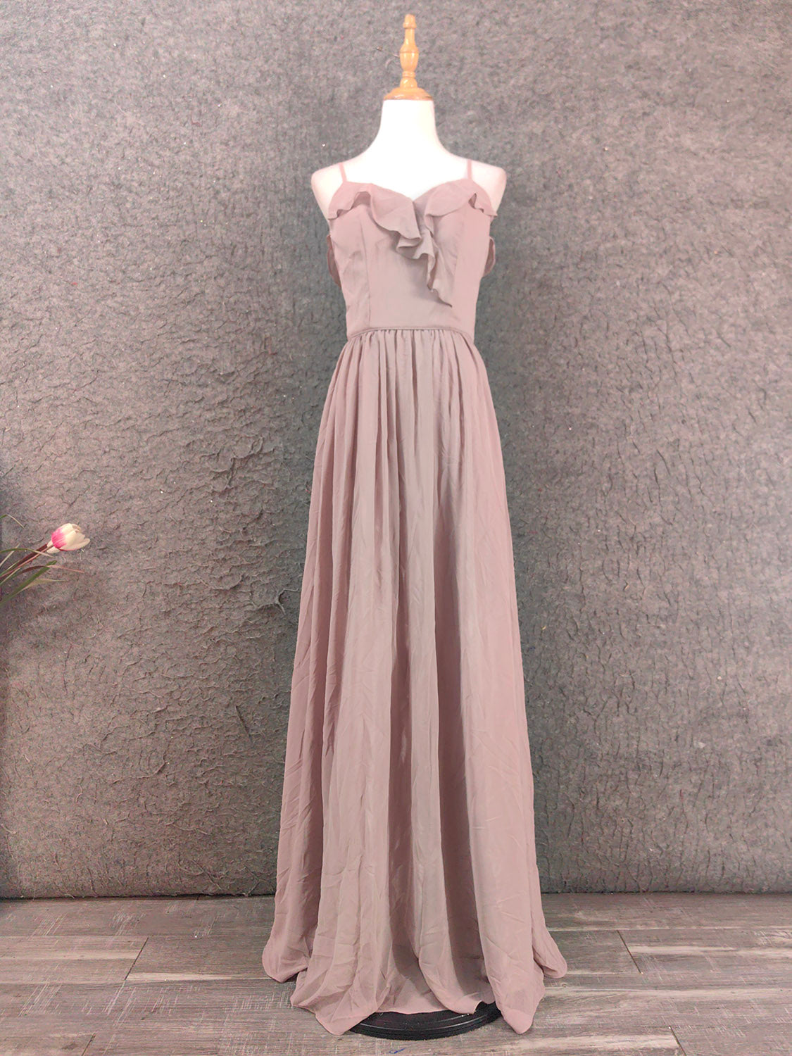 Elegant Dusty Pink Spaghetti Strap Ruffled Chiffon Long Prom Dresses Evening Dresses Bridesmaid Dresses