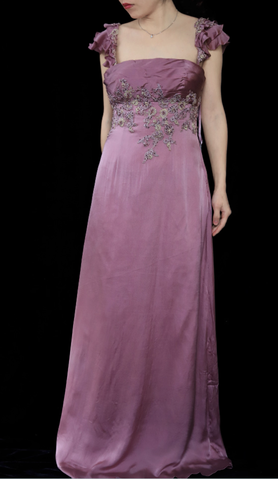 Elegant Dusty Rose Square Neck Spaghetti Strap Embroidered Ruffle Satin Long Prom Dresses Evening Dresses