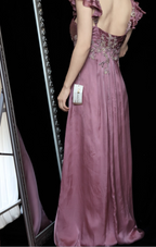 Elegant Dusty Rose Square Neck Spaghetti Strap Embroidered Ruffle Satin Long Prom Dresses Evening Dresses
