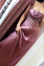Elegant Dusty Rose Square Neck Spaghetti Strap Embroidered Ruffle Satin Long Prom Dresses Evening Dresses