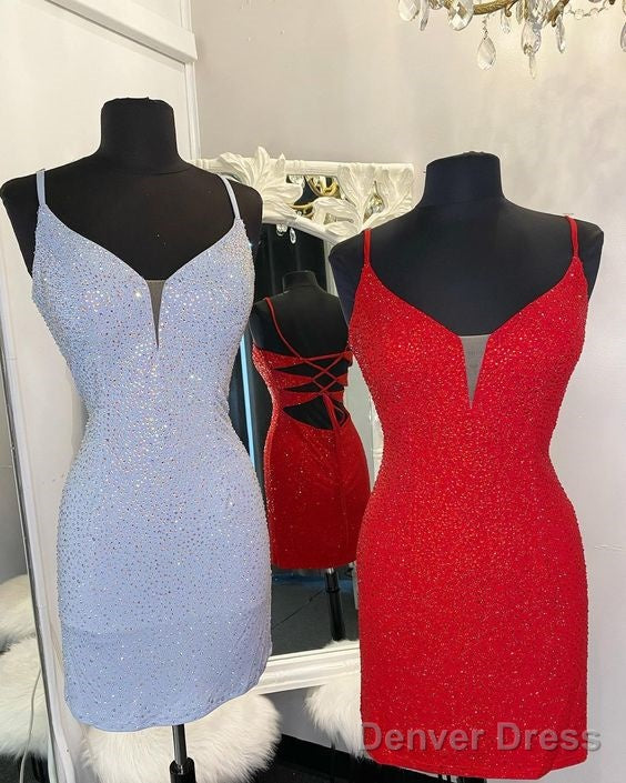 Elegant Fitted Red Short Homecoming Dresses With Rhinestones