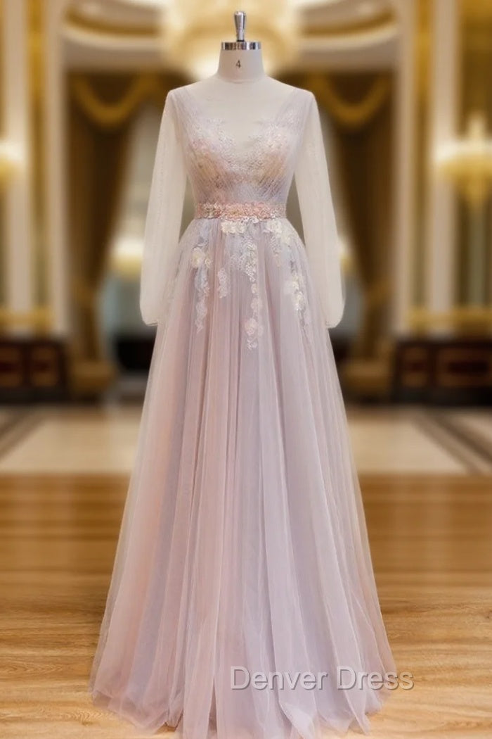 Elegant Flower Lace Pink Prom Dres,s Sexy V Neck Prom Dress Backless Tulle Prom Dresses