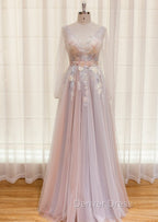 Elegant Flower Lace Pink Prom Dres,s Sexy V Neck Prom Dress Backless Tulle Prom Dresses