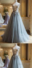 Elegant Flower V-Neck Tulle Prom Dress,