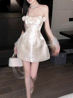 Elegant French Style Tube Top Three-Dimensional Flower One Shoulder Satin A-Line 17Th Birthday Homecoming Dresses
