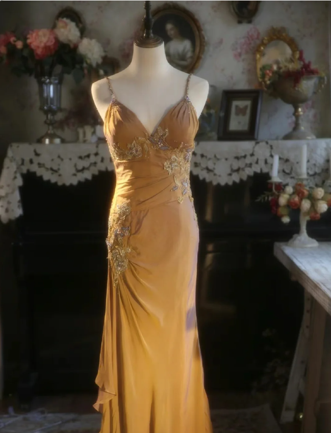 Elegant Ginger Yellow Mermaid V-Neck Beaded Embroidered Satin Prom Dresses Evening Dresses Secondary image