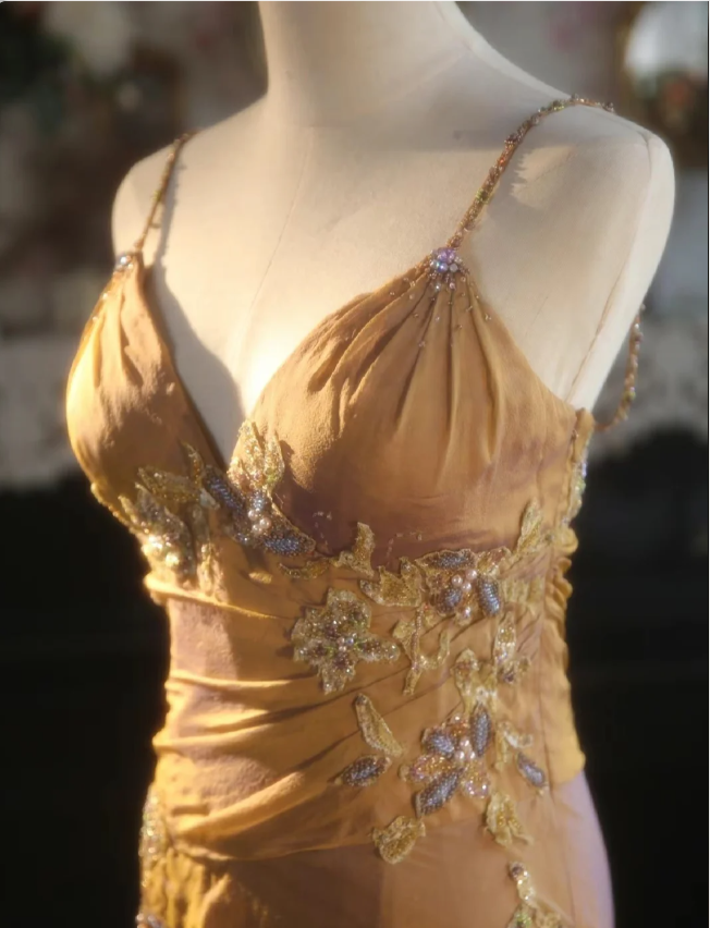 Elegant Ginger Yellow Mermaid V-Neck Beaded Embroidered Satin Prom Dresses Evening Dresses