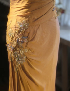 Elegant Ginger Yellow Mermaid V-Neck Beaded Embroidered Satin Prom Dresses Evening Dresses