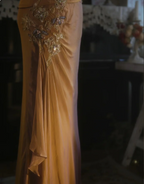Elegant Ginger Yellow Mermaid V-Neck Beaded Embroidered Satin Prom Dresses Evening Dresses