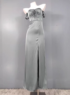Elegant Gray Green Sweetheart Neckline Slim Slit Satin Long Prom Dresses Evening Dresses