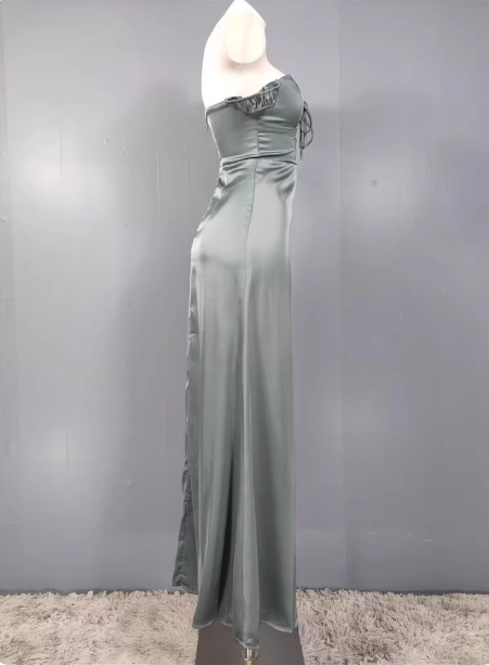 Elegant Gray Green Sweetheart Neckline Slim Slit Satin Long Prom Dresses Evening Dresses