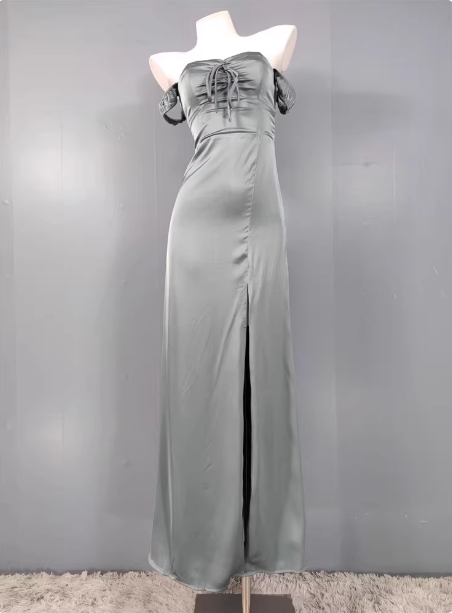 Elegant Gray Green Sweetheart Neckline Slim Slit Satin Long Prom Dresses Evening Dresses Main image