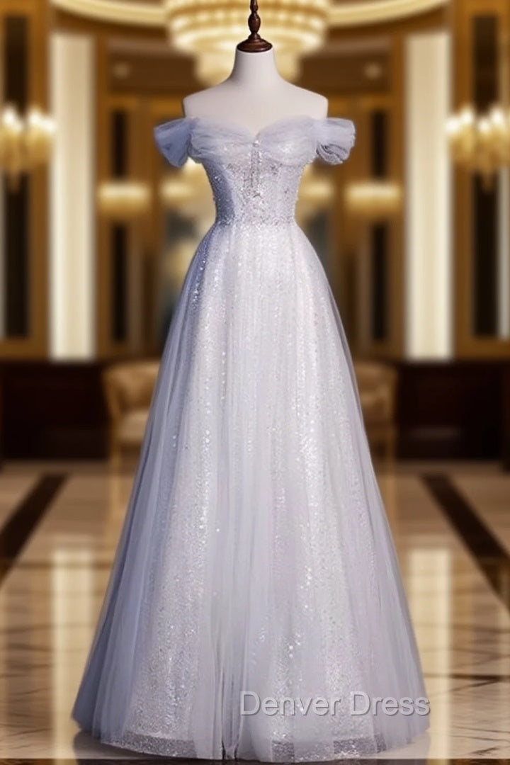 Elegant Gray Tulle Sequins Prom Dresses