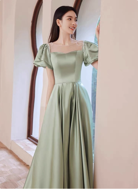 Elegant Green A-Line Puff Sleeve Satin Long Prom Dresses Evening Dresses Bridesmaid DressesP4574 Secondary image
