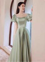 Elegant Green A-Line Puff Sleeve Satin Long Prom Dresses Evening Dresses Bridesmaid DressesP4574