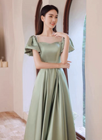 Elegant Green A-Line Puff Sleeve Satin Long Prom Dresses Evening Dresses Bridesmaid DressesP4574
