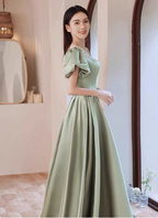 Elegant Green A-Line Puff Sleeve Satin Long Prom Dresses Evening Dresses Bridesmaid DressesP4574