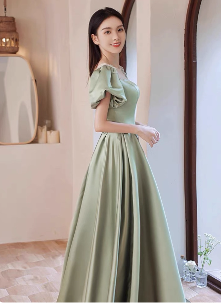 Elegant Green A-Line Puff Sleeve Satin Long Prom Dresses Evening Dresses Bridesmaid DressesP4574
