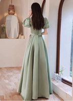 Elegant Green A-Line Puff Sleeve Satin Long Prom Dresses Evening Dresses Bridesmaid DressesP4574
