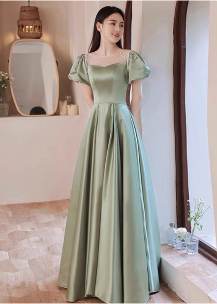 Elegant Green A-Line Puff Sleeve Satin Long Prom Dresses Evening Dresses Bridesmaid DressesP4574