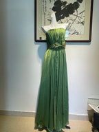 Elegant Green A-Line Spaghetti Strap Pleated Beaded Satin Long Prom Dresses Evening Dresses Bridesmaid Dresses