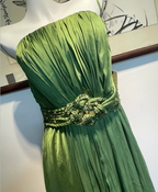 Elegant Green A-Line Spaghetti Strap Pleated Beaded Satin Long Prom Dresses Evening Dresses Bridesmaid Dresses