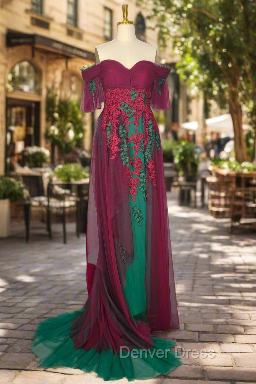 Elegant Green Off The Shoulder Tulle Prom Dresses Vintage Prom Gown