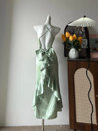 Elegant Green Slim Fit Halter Backless Ruffle Satin Prom Dresses Evening Dresses