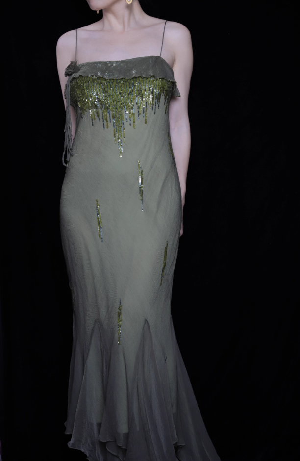 Elegant Green Spaghetti Strap Mermaid Ruffle Sequin Chiffon Long Prom Dresses Evening Dresses