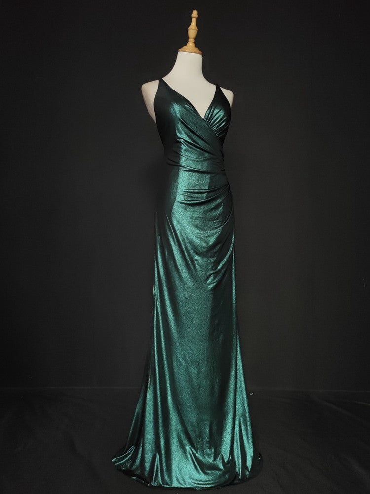 Elegant Green Spaghetti Strap V-Neck Ruffled Satin Long Prom Dresses Evening Dresses Secondary image