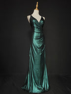 Elegant Green Spaghetti Strap V-Neck Ruffled Satin Long Prom Dresses Evening Dresses