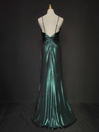 Elegant Green Spaghetti Strap V-Neck Ruffled Satin Long Prom Dresses Evening Dresses