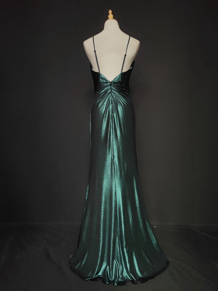 Elegant Green Spaghetti Strap V-Neck Ruffled Satin Long Prom Dresses Evening Dresses