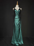 Elegant Green Spaghetti Strap V-Neck Ruffled Satin Long Prom Dresses Evening Dresses